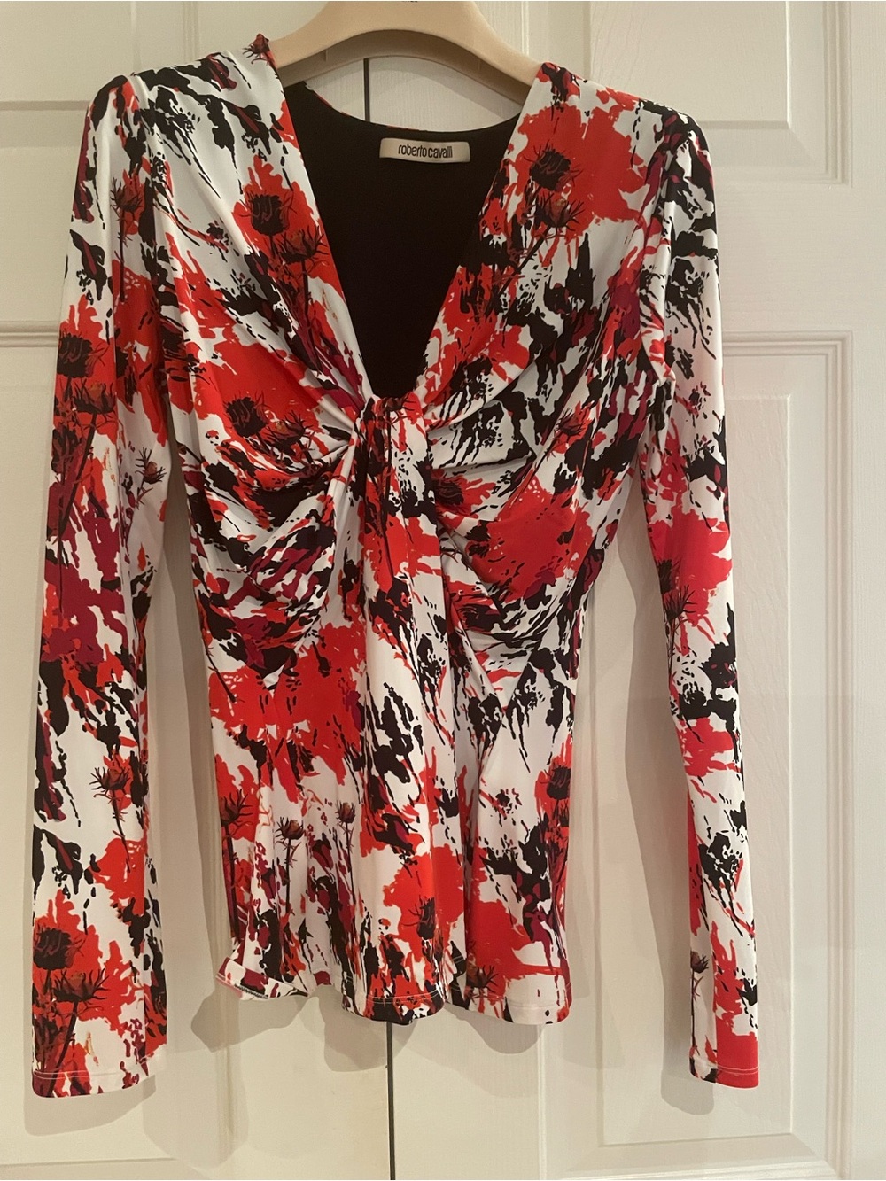 Roberto Cavalli Red, Black & White Floral Tie-Front Long-Sleeve Top